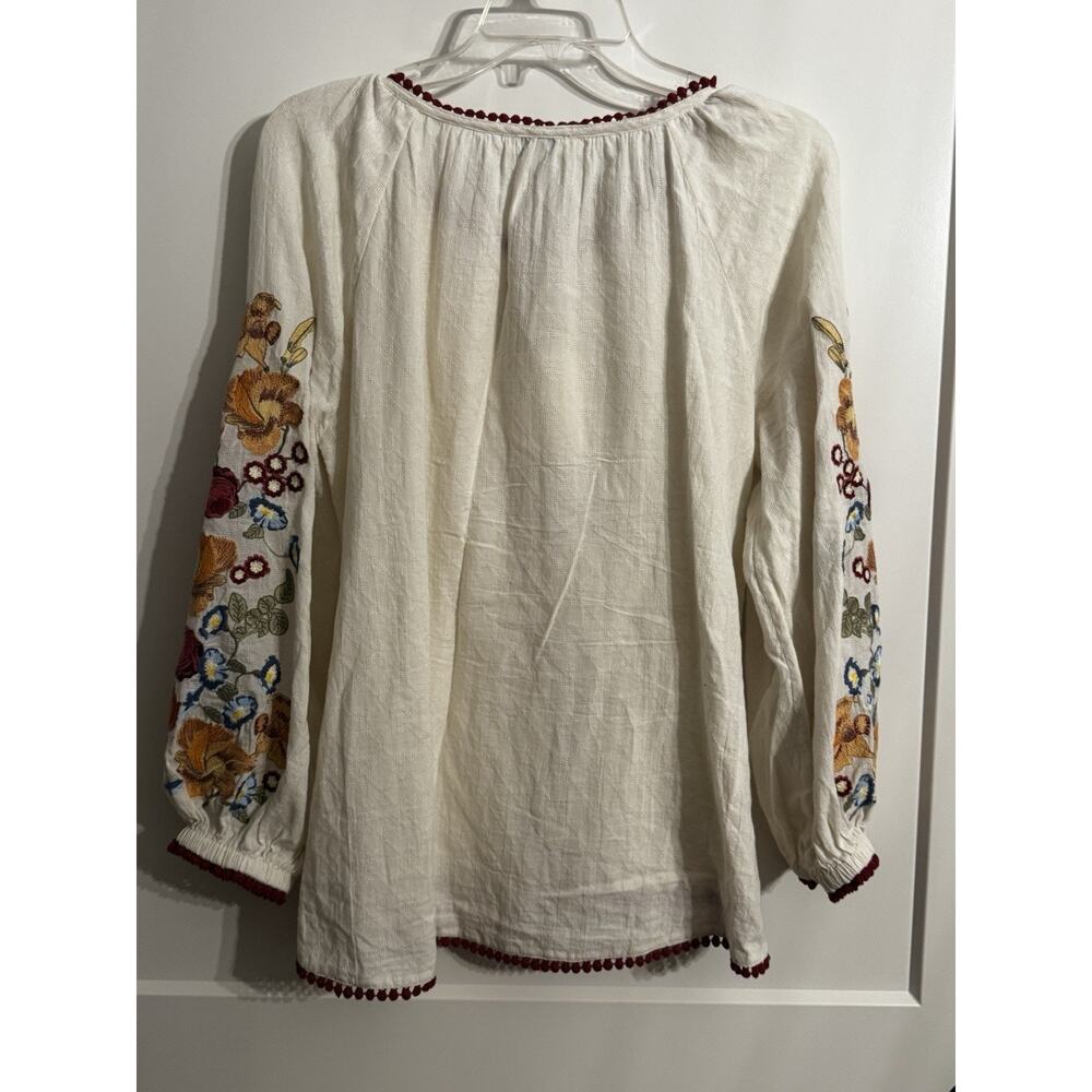 Sundance Sz PS Ivory Linen Embroidered Peasant Blouse Tassels Boho Cream - Picture 4 of 11